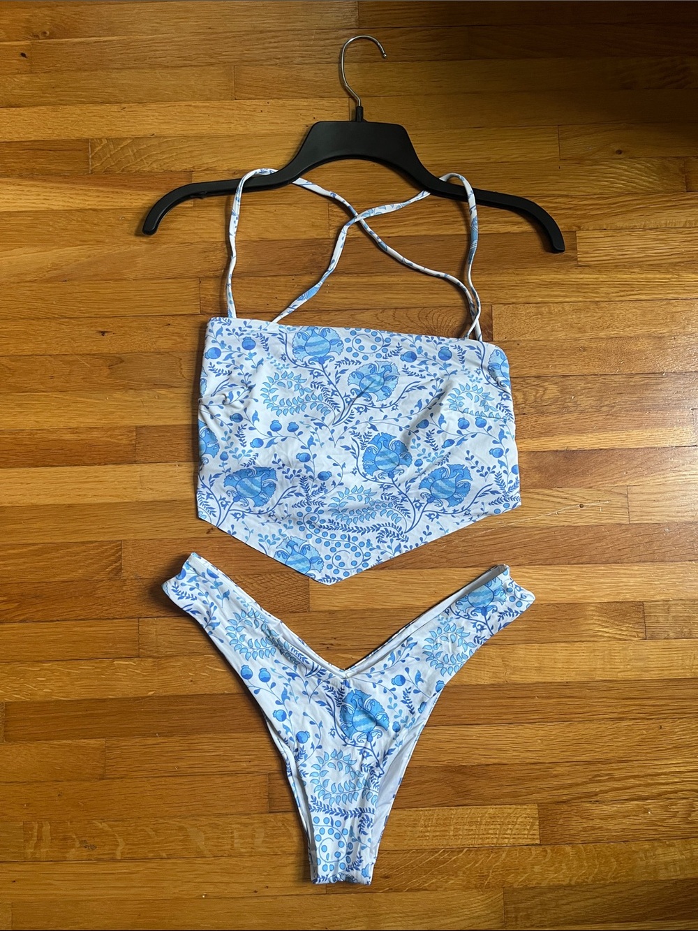 Toluca Thong Bikini with Blue Floral Print and Lace-up Back